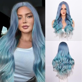Fulang Hair Long Wave Blue Wigs for Women Long Curly Wigs with Bangs Synthetic Hair Heat Resistant Wig for Daily Party Cosplay Use