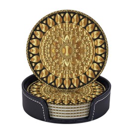 BOXIMIAO Drink Coasters with Holder Stand Set of 6, Mandala Art Floral Gold Pu Leather Absorbent Coasters with Cork Base Table Coaster Round Coasters for Housewarming Apartment Kitchen Bar Decor
