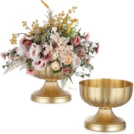 NUPTIO Jarrones dorados para centros de mesa de boda: Jarrones de compota de latón martillado para arreglos de flores pequeñas - Tazón de pedestal de metal para decoración de mesa y hogar, juego de 2