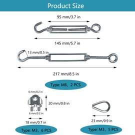 2 Stück Spannschloss M6 Seilspanner Edelstahl, Verstellbare Spannschlösser Drahtspanner Set, 5 Stück 3mm Drahtseil Kauschen, 6 Stück 3mm Seilklemmen für Seil, Kletterpflanzen, Sonnensegel, Zaunspanner