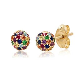 18k Yellow Gold Plated Brass With Sterling Silver Post & Clutch Rainbow Multi-Color Simulated Zircon Ball Stud Earrings For Women Men LBGT (yellow-gold-plated-brass)