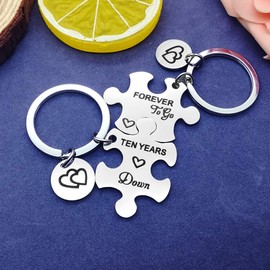 Dabihu 10th Years Anniversary Keyring Gift Ten Years Down Forever to Go Couples Puzzle Keyring Set of 2 Wedding Anniversary for Him Her Christmas Birthday Gift for Husband Wife