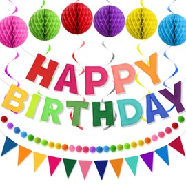 Pre-Strung Happy Birthday Banner, Felt Ball HAPPY BIRTHDAY Garland, Rainbow Birthday Decorations Party Pennant, Multicolor Bunting String Triangle Flags Bulk Rainbow Bunting,Photo Prop