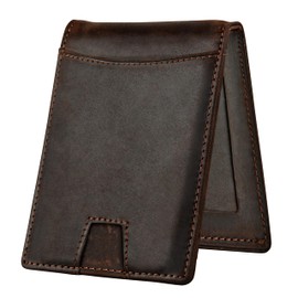 Military Veteran Products - Genuine Brown Crazy Horse Leather Bi-Fold Card Holder with Money Clip (Brown Blank Wallet)