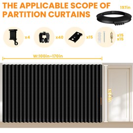 100% Blackout Accordion Room Divider Curtains - with Flexible Ceiling Track Total Privacy Sound Proof Curtains Suitable for Bedroom Patio Sliding Door(Black, W180 x L84, 1 Pack)