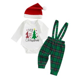 Geagodelia Baby Boys Christmas Outfit Grows Xmas Clothing Newborn Clothes Set Bodysuit Top + Suspender Pants + Hat My First Christmas (White & Green - Tree, 3-6 Months)