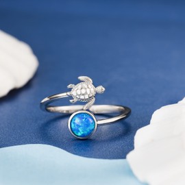 Sterling Silver Created Opal Turtle and Moon Adjustable Easy Resize Wrap Around Bypass Ring Eternity Band, Precious Metal Gemstone, Opal