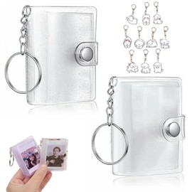 JUJUGO Portable Mini Photo Album, 2 Pack 28 Transparent Pockets, 2 Inch, Lightweight, Portable, Waterproof, Photo Storage, Promotion, Kids, Students, Couples, Gifts, Graduation, Clear White + Glitter