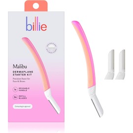 Billie - Kit de inicio de Dermaplane - Mango reutilizable + 3 cuchillas de repuesto - Quitar el vello facial + cejas perfectamente conformadas, aprobado por dermatólogos, Malibu