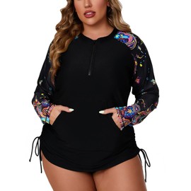 Halcurt Plus Size Rash Guard for Women UPF 50+ Zip Drawstring Ruched Pocket Top, Black Paisley, 4X