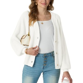 GRECERELLE Women's Chunky Open Front Long Sleeve V-Neck Button Knit Loose Cardigan Sweater Outerwear, White, M