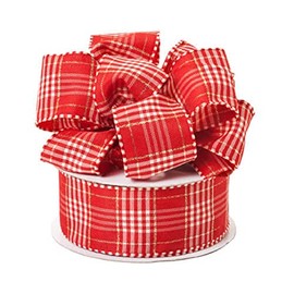 Red with White and Gold Stripes Plaid Wired Ribbon - 1 1/2in. x 25 Yards - 1 Spool