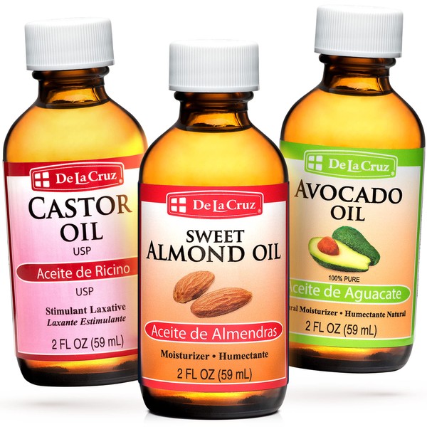 De La Cruz Sweet Almond Oil, Castor Oil and Avocado Oil Bundle - Expeller-Pressed Pure and Natural Oils for Hair and Skin - 3 Bottles - 2 Fl OZ Each