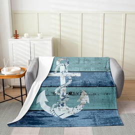Feelyou Anchor Decor Rustic Wooden Flannel Fleece Throw Blanket Queen 90"x90" Nautical Themed Tie Dye All Season Bed Blanket Ocean Blue Teal Fuzzy Blanket Breathable Nautical Plush Blanket Luxury