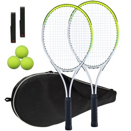 Tennis Racket Pre-Strung Lightweight 27 Inch Racquet Recreational Adult Rackets for Men Women Students Training Tennis Starter Kit with Balls,Carry Bag and Overgrips (Green/White - 2 Rackets)