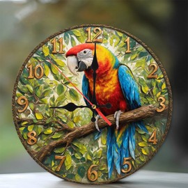 Lancholy Scarlet Macaw Jungle Birds Wall Clock Home Decor 10-Inch Wooden Wall Clock, Silent Movement, Battery Operated (AA Batteries Not Included), Artistic Home Decor, Perfect for Home Accents