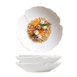 CLAY TONIC Claytonic Set of 3-Japanese Style Flower Petal Shaped Porcelain Round Dinner Plates, Versatile Circular Serving Plates for Pasta, Salad, Steak Dinner (White, 10 Inches)