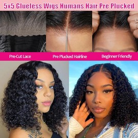 GCTGCT 5x5 Closure Bob Wigs Human Hair Wear and Go Glueless Wigs Human Hair Pre Plucked Pre Cut 180% Density Water Wave Bob Wigs for Black Women (16 Inch)