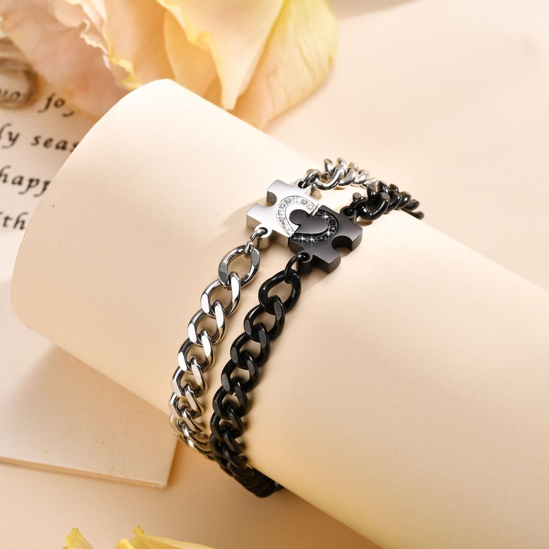 Matching Bracelets for Couples: Puzzle Stainless Steel Link Chain Bracelets
