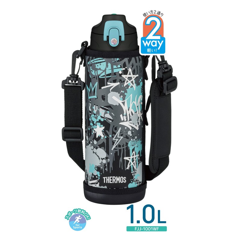 THERMOS Vacuum Insulated 2-Way Bottle 1L/1.03L Black Aqua with Direct