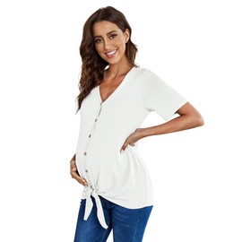 Coolmee Women's Button Down V Neck Maternity Shirts Short Sleeve Nursing Tops Breastfeeding Tie Knot Henley Pregnancy Clothes White XL