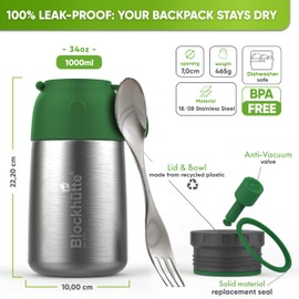 Blockhütte Stainless Steel Food Flasks for Hot Food Kids and Adults I 1l I Thermal Soup Flask with Spork I Vacuum Insulated Thermal Lunch Box to Go for 14h Hot Meals, BPA Free - Dark Green