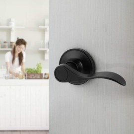 3 Pack Gobrico Interior Door Locks Passage Door Levers in Matte Black Wave/Drop Style Hall and Closet Door Handles