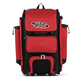 Boombah Rolling Catcher's Superpack Baseball/Softball Gear Bag - 23-1/2" x 13-1/2" x 9-1/2" - Black/Red - Telescopic Handle - Holds 4 Bats - Wheeled Version