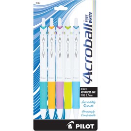 Pilot Acroball PureWhite Retractable Advanced Ink Ball Point Pens, Fine Point, Black Ink, Turquoise/Orange/Purple/Lime/Blue Accents, 5-Pack (31861)