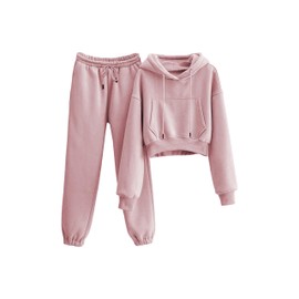 LTSCNRM Women's 2 Piece Airport Outfits Fleece Crop Hoodies Pullover Sweatshirt Sweatsuits Joggers Pants Pockets(Dustypink-XXL)