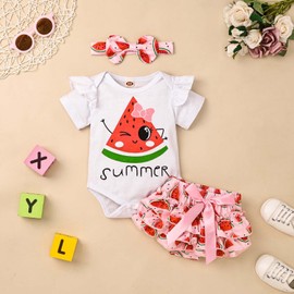 DOMOABEI 9 Months Baby Girl Clothes Infant Clothes Summer Outfits Shorts Set Ruffle Romper Cute Baby Clothes Watermelon Print Girl Summer Outfits Set Pink Baby Girls' Clothing Sets 6-9M/80cm