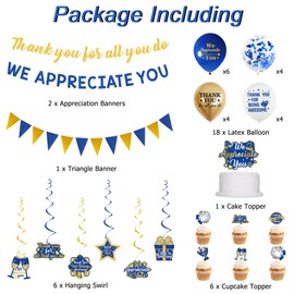 DARUNAXY Blue Gold We Appreciate You Party Decorations, Thank You All You Do Banner Hanging Swirl Confetti Balloons for Coworker Staff Teacher Nurse Appreciation Gifts for Graduation Business Funeral