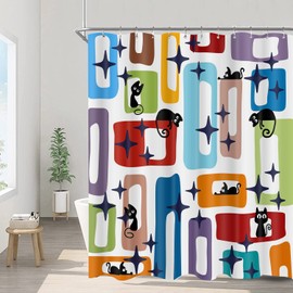 Mid Century Modern Shower Curtain Blue Orange 1960’s Colorful Geometric Abstract Funny Cats Stars Iconic Atomic Bathroom Decor Starbursts Diamond Shower Curtains with Hooks,72''x72''