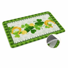St. Patrick's Day Door Mat Lucky Clover Welcome Mat Non Slip Rubber Shamrock Coin Green Buffalo Plaid Entryway Front Rug Floor Mat for Indoor Outdoor Kitchen Spring Holiday Home Decor 18x30 Inch
