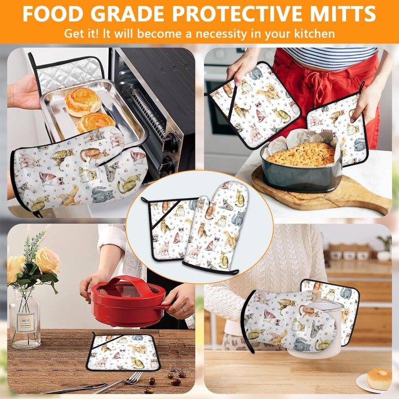 Cute Cats Oven Mitts and Pot Holders Sets 4Pcs,Extra Long