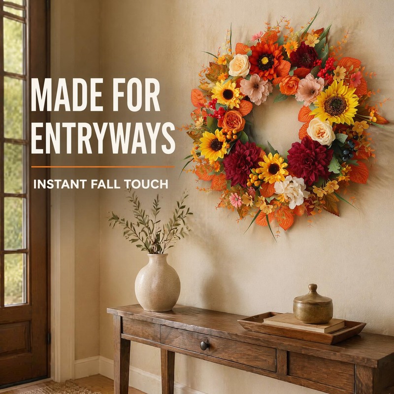 24 Inch Fall Wreath for Front Door, Autumn Sunflower Farmhouse
