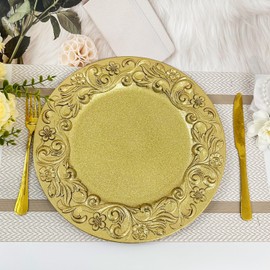 CN.JIAHE 13 Inch Round Gold Charger Plates, Set of 12pcs - Elegant Decorative Dinner Plates for Weddings, Holiday Party, Home Dining & Table Decor, Scratch-resistant & Reusable (SFMHFD)