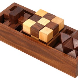 affaires 3-in-One Wooden Puzzle Games Set - 3D Puzzles for Teens and Adults - Includes Wood Interlocking Blocks, Diagonal Burr, and Snake Cube in Storage Box W-40204