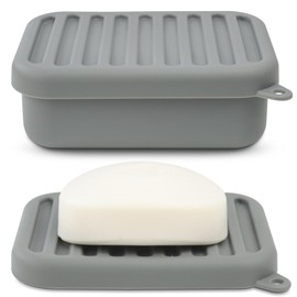 AIMAIAIMAI Leak-Proof Silicone Travel Soap Case with Drainage Lid/Layer, Compact Bar Soap Container, Durable Soap Holder for Camping, Gym, and Travel Size Toiletries (Gray)