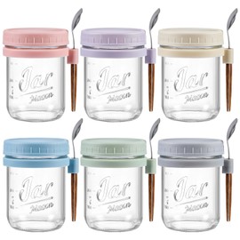 6 Pack Overnight Oats Containers with Lids and Spoons, 16 oz Glass Mason Overnight Oats Jars, Large Capacity Airtight Jars for Milk, Cereal, Fruit