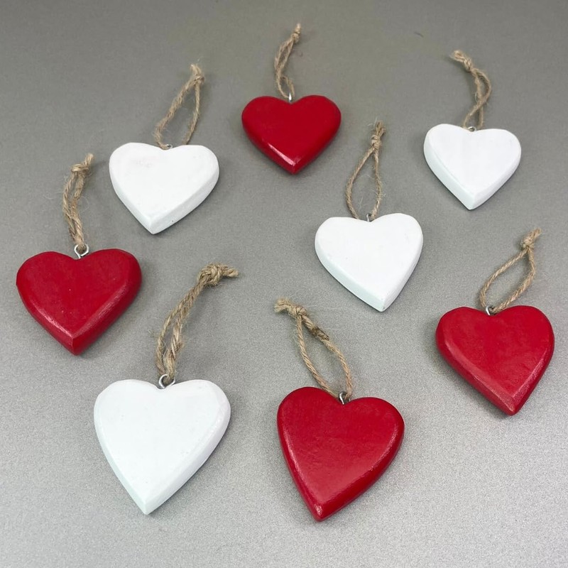 Set of 8 Red & White Heart Pendants 4.5 x