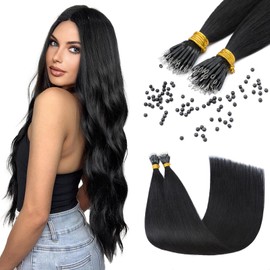Elailite Nano Ring Extension Real Human Hair Cold Fusion With Nano Beads Remy Hair 50 Strands 35g Straight （#1 Jet Black, 18 Inch)