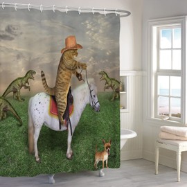 ASDCXZ Shower Curtain Funny 180 x 200 cm, West Cowboy Farm Funny Cat Ride Horse Washable Textile Bathroom Curtains Polyester Waterproof Shower Curtains for Bath with 12 Shower Curtain Hooks