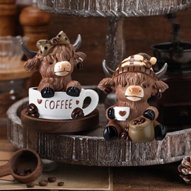Wesiti 2 Pcs Highland Cow Figurines Coffee Highland Cow Gnomes Scottish Resin Statue Calf Lovers Gifts for Christmas Home Garden Kitchen Office Tiered Tray Table Decor