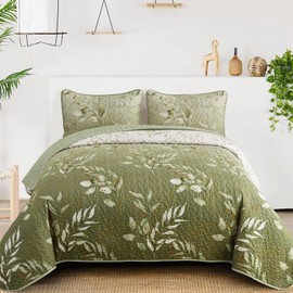 Anibedding Floral Queen Quilt Set,3 Piece Olive Green Flower Pattern Bedspread Coverlet Set for All Season,Gradient Green Soft Lightweight Microfiber Bedding Set (96"×90")