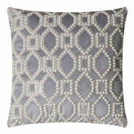 Pearl Lattice Pillow, Faux Pearls, Glass Rhinestones, Soft Velvet Backing, Feather Fill, for Dramatic Luxury Home Décor, Silver Velvet, 16" x 16", Sold Individually