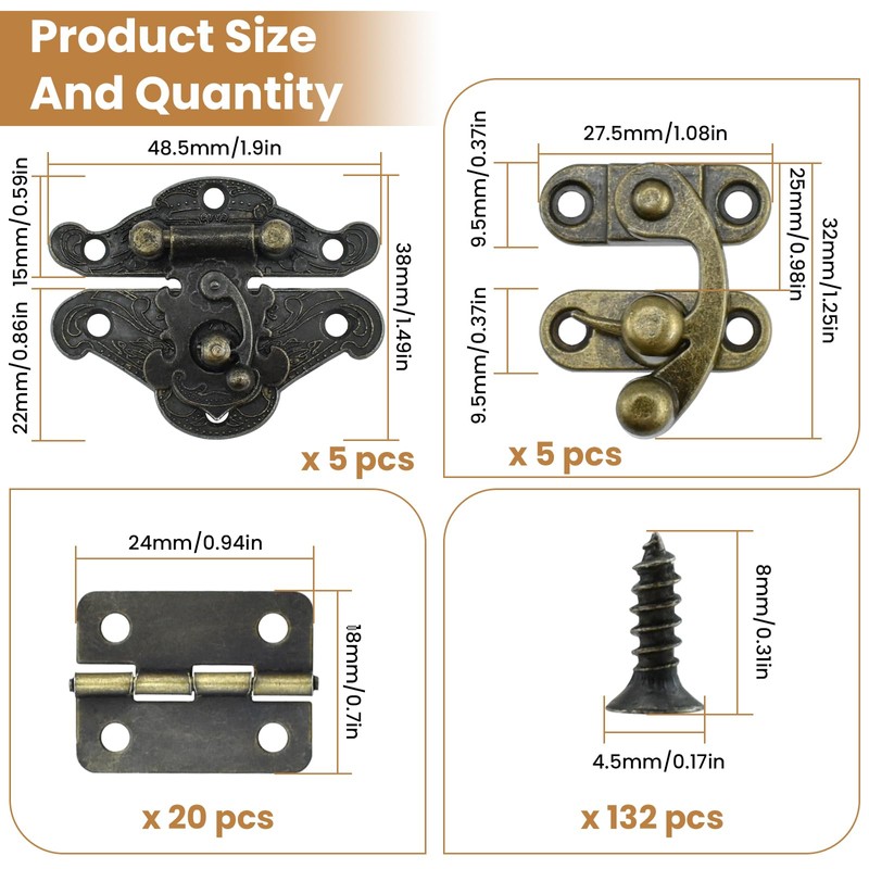30 Pcs Retro Jewelry Box Hinges and Latches Set, Antique