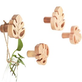 Kelendle 4Pcs Wall Mounted Monstera Wooden Coat Hooks with Mounting Hardware Single Wall Hook Rack Clothes Hanger Organizer (Beech)