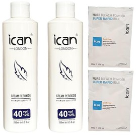 ICAN LONDON CREAM PEROXIDE 40 VOL 12% 250 ML x 2 + RAPID BLUE POWDER BLEACH 80G x 2 SET