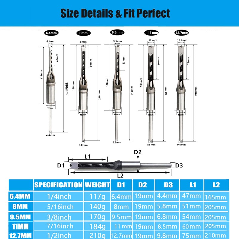 Square Hole Drill Sets, Woodworking HSS Wood Chisel Countersink Bits
